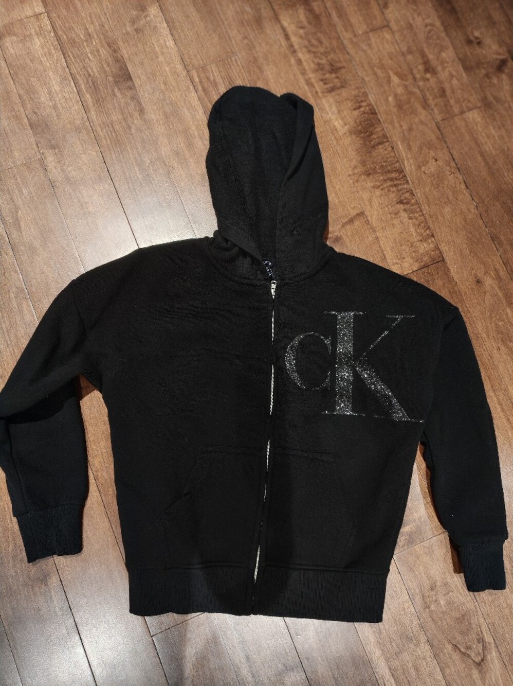 Calvin Klein Black Girls' Glitter Logo Zip Hoodie